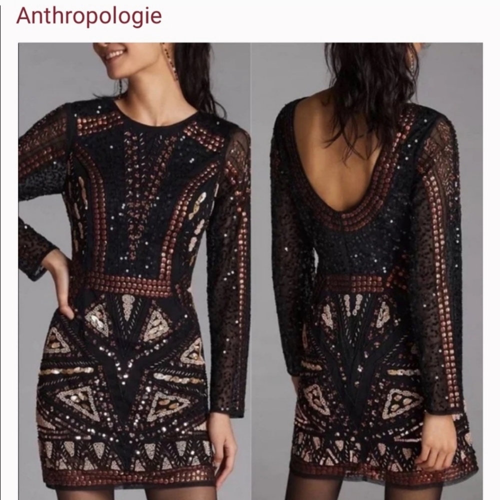 Anthropologie Let Me Be Beaded Sequin Mini Dress Large Copper Gold Black 🖤🤎